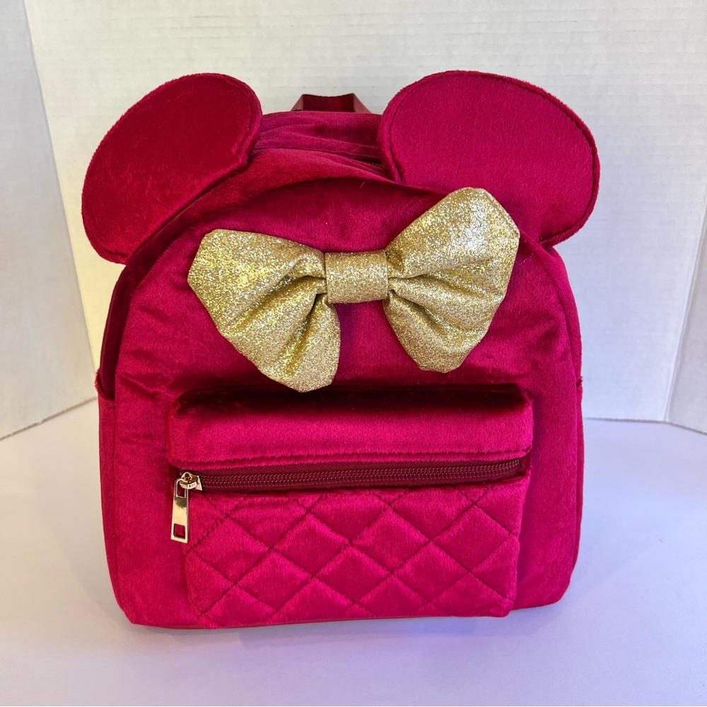 NEW Disney Minnie Mouse Burgundy Red Velvet, Gold Glitter Quilted Bow, 3D Ears